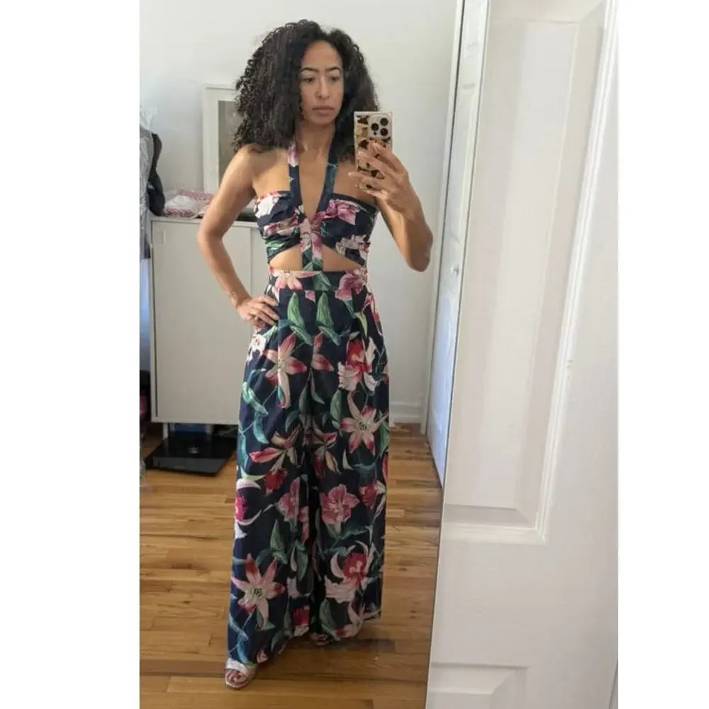 PATBO Navy Blue Floral Halter Neck Center Cut-Out Wide Leg Laelia Jumpsuit US 0 - Picture 2 of 16